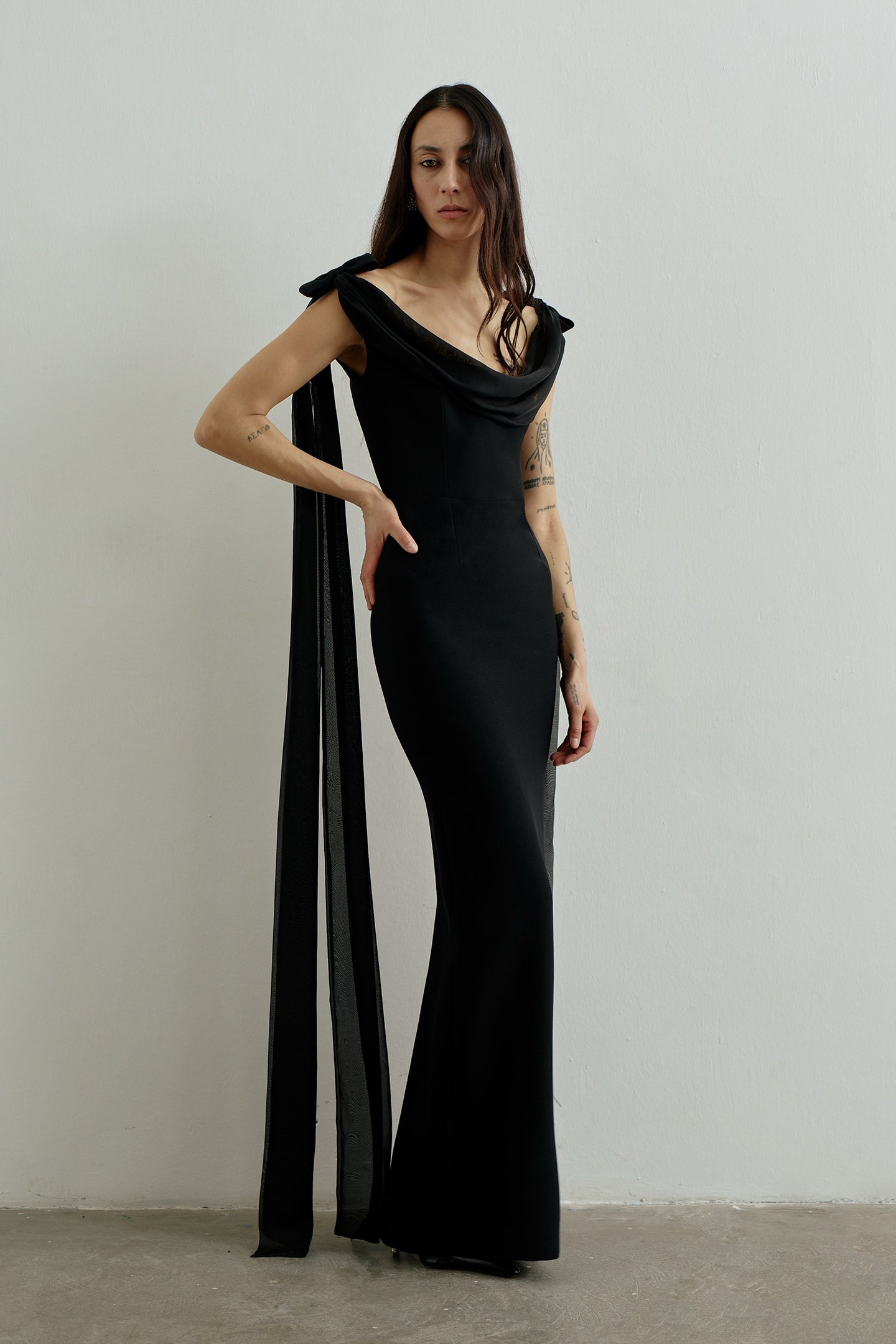 morticia chez castel silk dress THE NEW ARRIVALS ILKYAZ OZEL Morticia bow-detailed draped silk voile-trimmed cady gown