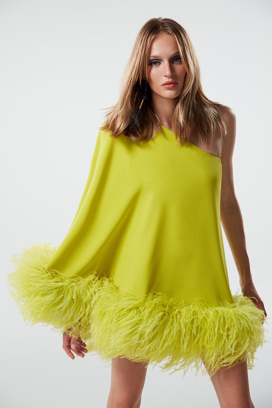lime green feather dress Feather Midi Wedding-Guest Dress: Mac Duggal 11626 Black / 0